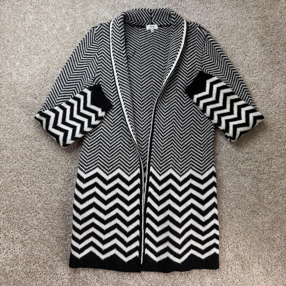 ORIANA Sweater Womens Small Black White Chevron Open Front Cardigan Made Italy